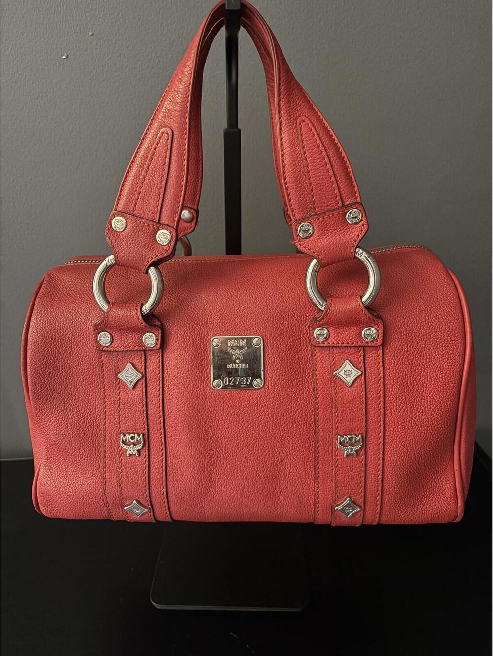 MCM Studded Pebbled Leather Satchel Boston Bag - Coral Red